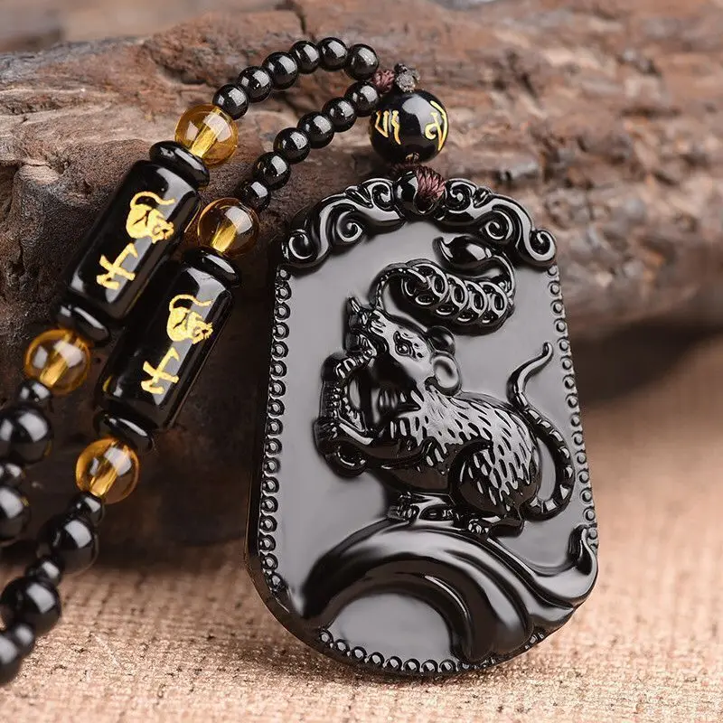 

Ethnic Obsidian Zodiac Rat Pendant Men and Women Couple Charm Necklace Twelve Constellation Necklace Lucky Amulet Jewelry