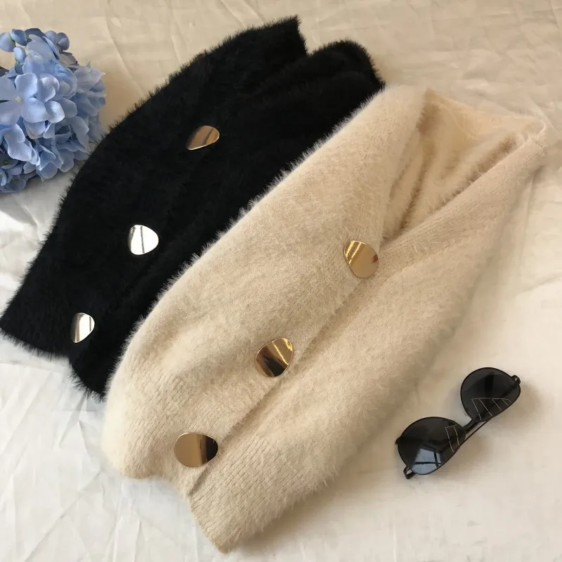 Женский мягкий мохеровые кардиганы однобортный вязаный свитер с v образным