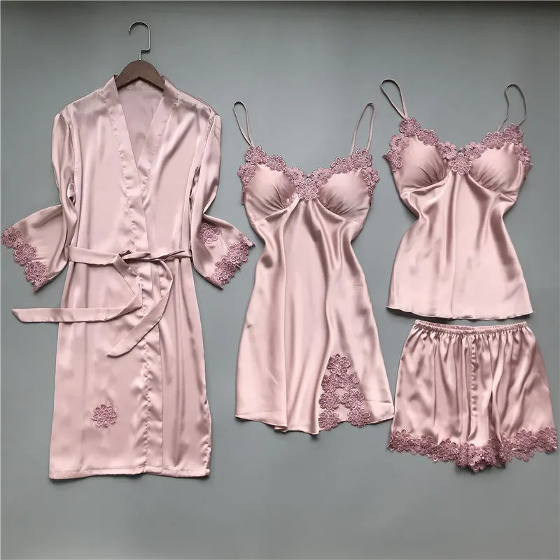 

Korean Style Pajamas Women Spring And Autumn Sexy Sling Chest Pad Long-sleeved Nightgown Thin Four-piece Suit