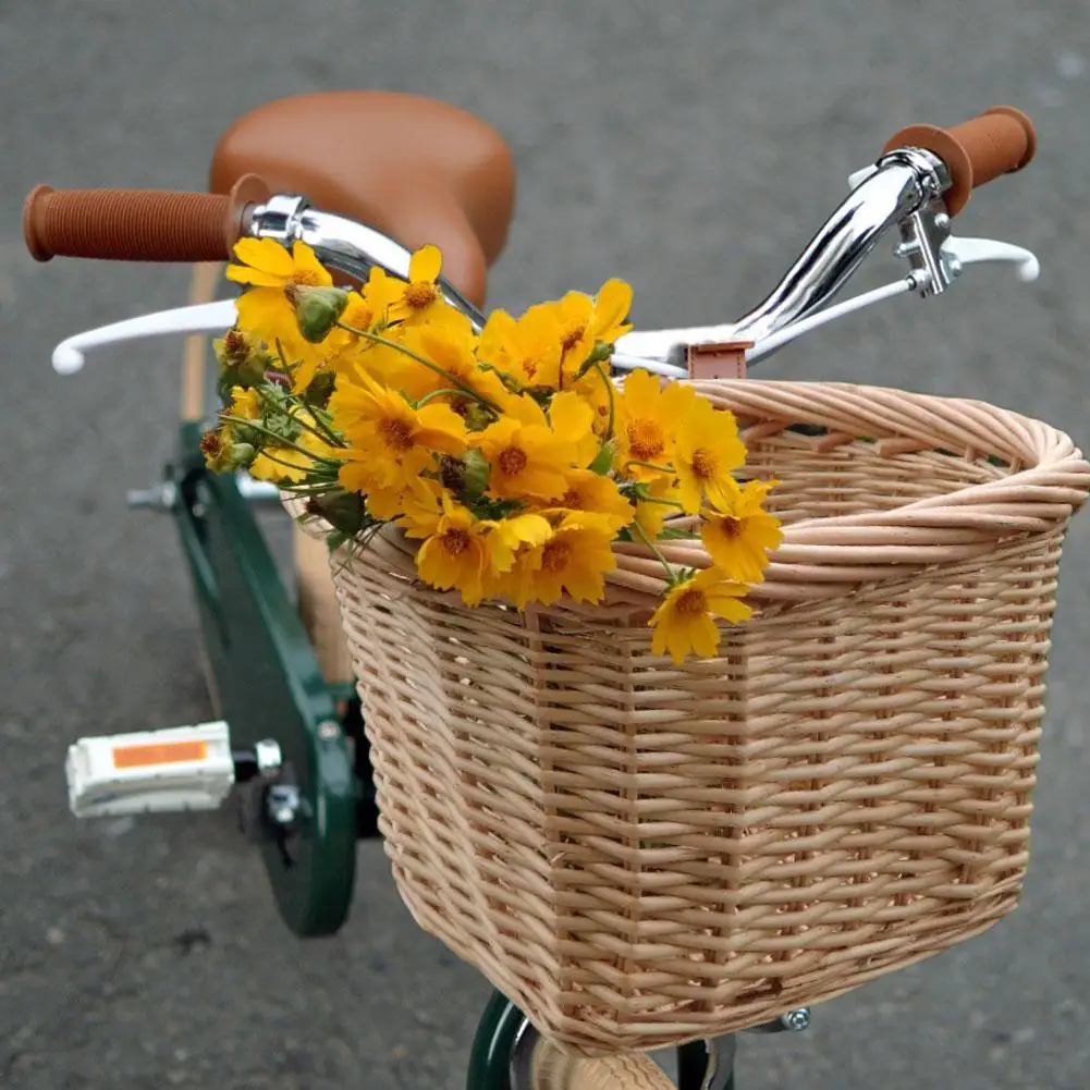 

Bike Basket Bicycle Front Handlebar Basket Handwoven Plastic Rattan Basket with Leather Suitable Strap for Adults Kids Bikes