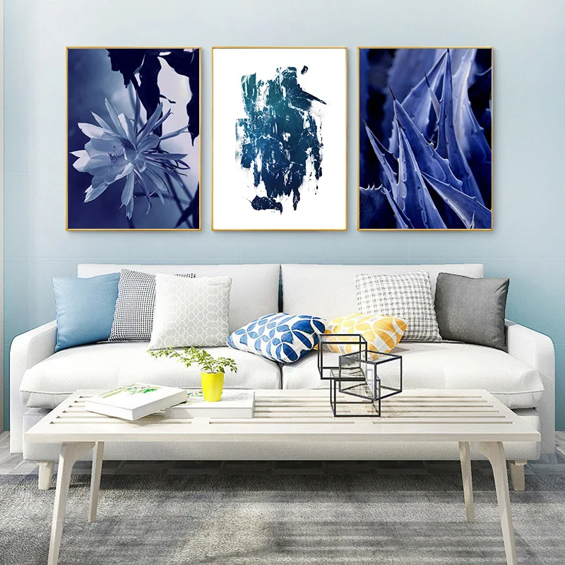 

Modern Blue Wall Green Plant Dark Blue Nordic Room Corridor Decorative Painting HD Hanging Painting Blue Hole Wall Pictures