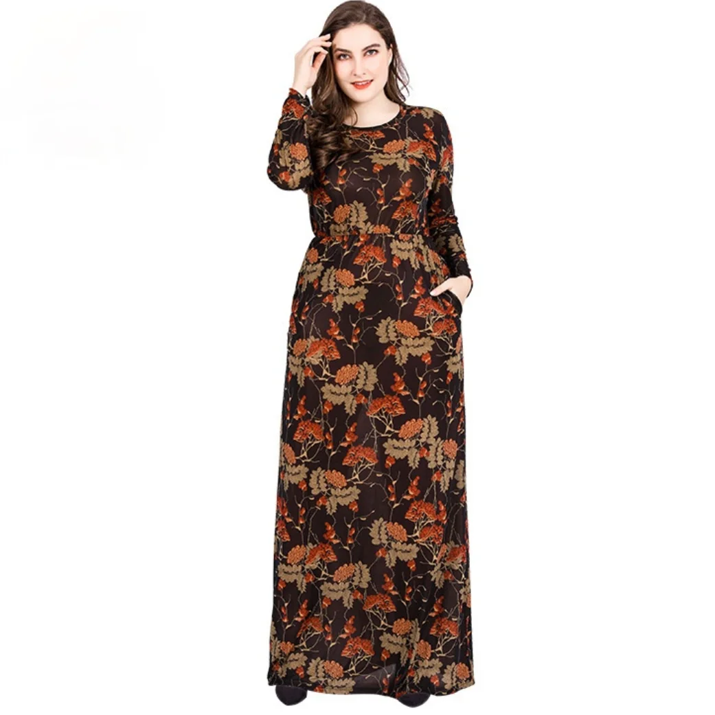 2021 мусульманских большой платье женское платье новый большой Размеры одежда с длинным рукавом в стиле ретро Стиль печати темперамент униве...