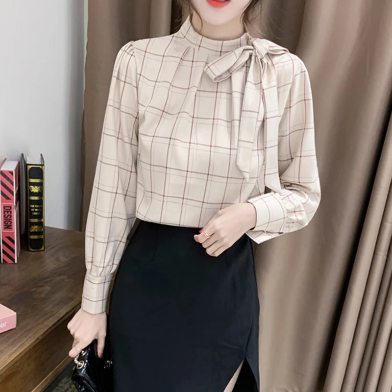 

Spring Autumn New Women Chic Fashion Plaid Blouse Femme Casual Long Sleeve Stand Collar Lady Shirt Lace up Bow Top Korean Blusas