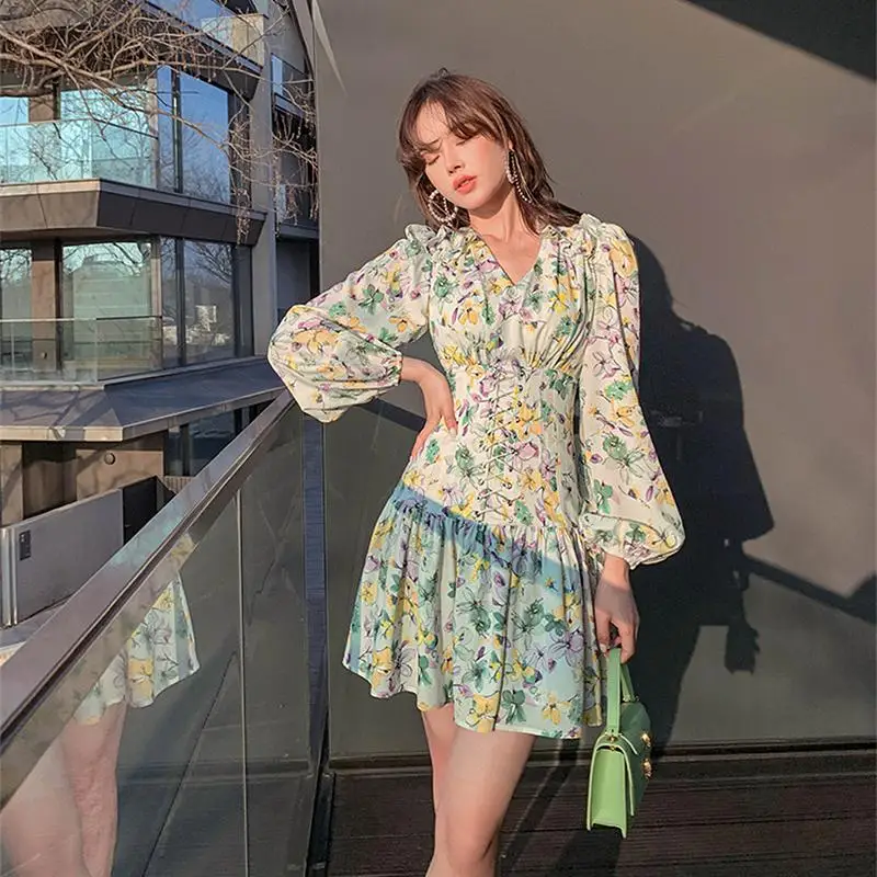 

Summer Women Short Puff Sleeve Flroal Printed Party Mini Beach Dresses Drawstring Sexy Vestidos Sundress