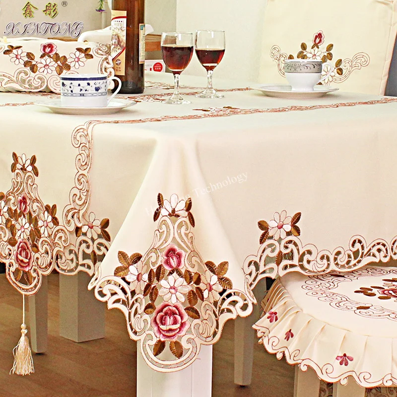 

Toalha de mesa redonda europeu jardim elegante bordado mesa de jantar pano flor peônia cadeira capa casamento casa têxtil