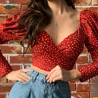 2021 polka dot puff long sleeve red shirts v neck new women summer tops crop tops elegant spring autumn fashion ladies clothes