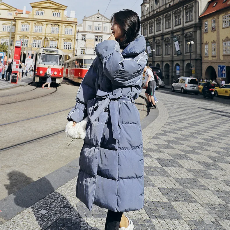 Hong Kong Style Thick Long Lace-up Cotton Coat Women's Winter Style Students Cotton-padded Jacket down Feather Cotton-padde