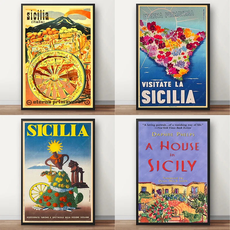 

Sicily Island Italy Orange Flower Travel Canvas Paintings Vintage Picture Kraft Poster Coated Wall Stickers Home Decoration Gift
