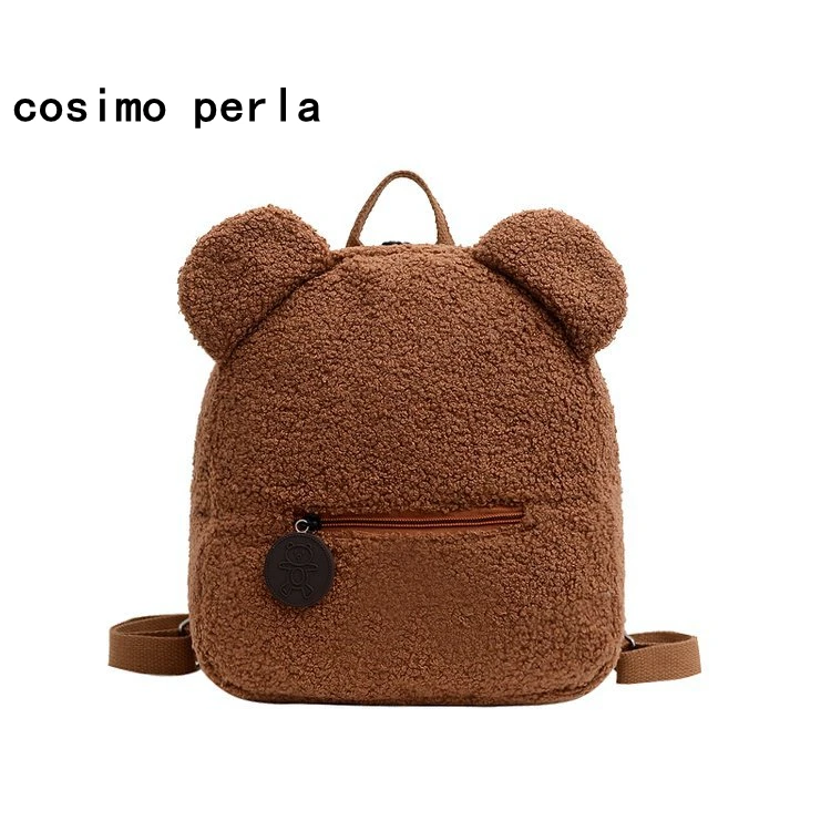 

INS Cute Little Bear Ear Plush Backpacks for Kids Korean Kawaii Lambswool Cartoon Bagpack Female Small Furry Travel Rucksack