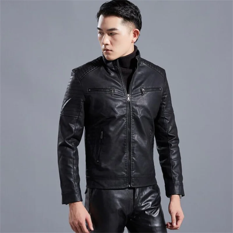New men's leather jacket motorcycle coats korean slim youth stand collar fashion casual clothes black brown куртка мужская