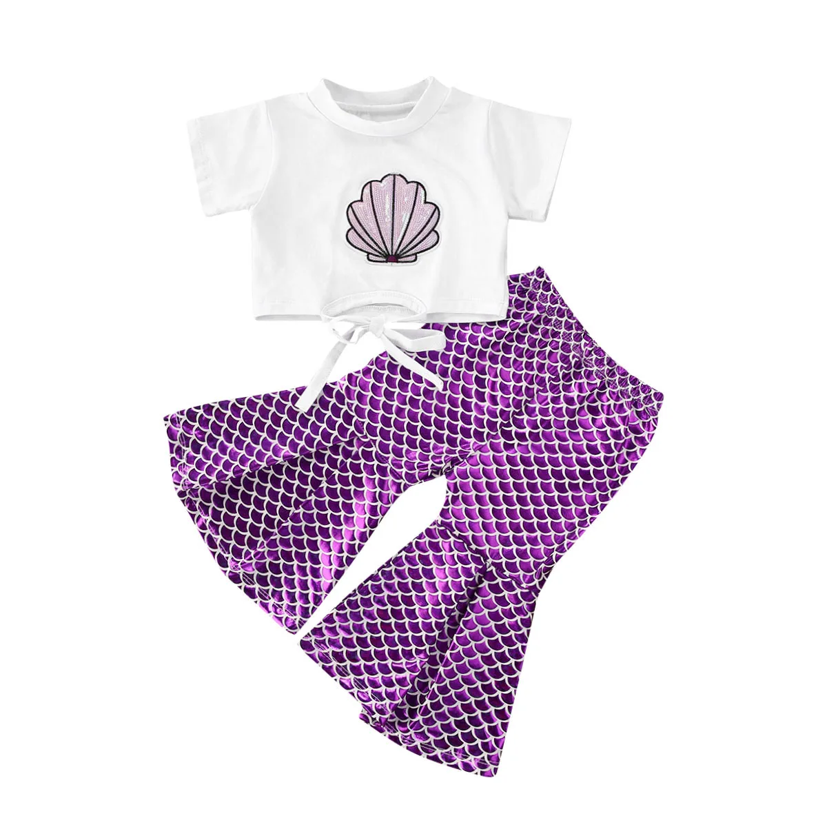 Summer 2-6Years Kid Girls Fashion Printed Lace up Top Cute Mermaid Fish Bell-bottomed Pants Two Piece Set | Мать и ребенок