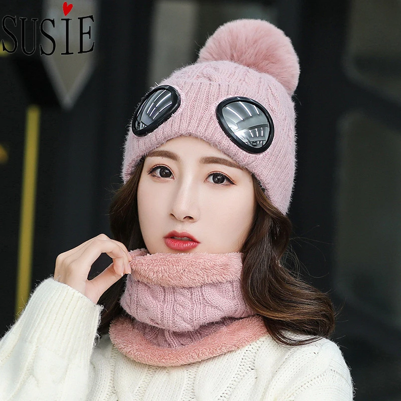 Новинка 2019 вязаная Лыжная шапка с ветрозащитными очками маска шерстяная шапочка