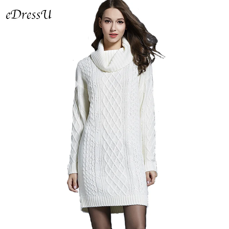2019 Women Long Pullovers Turtleneck Sweater Autumn Winter Knitted Dress Elegant White Pullover Outwear Jacket YH-1 | Женская одежда