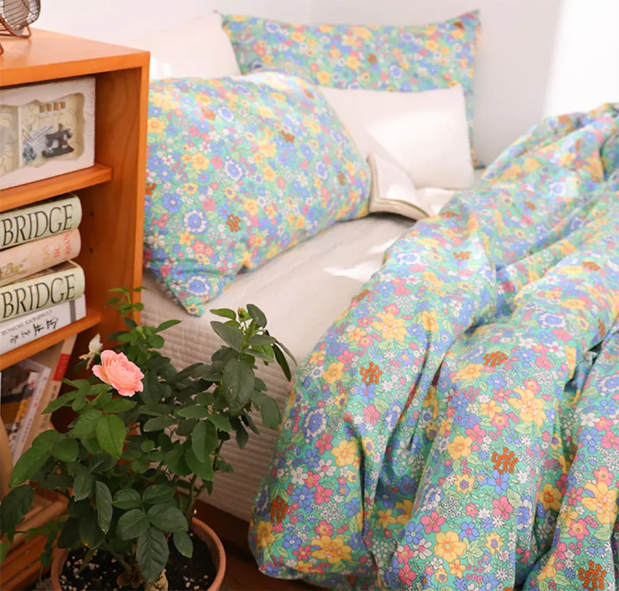 

Модный комплект постельного белья с цветочным рисунком синего, зеленого и желтого цветов, современный двойной хлопковый полноразмерный Ко...