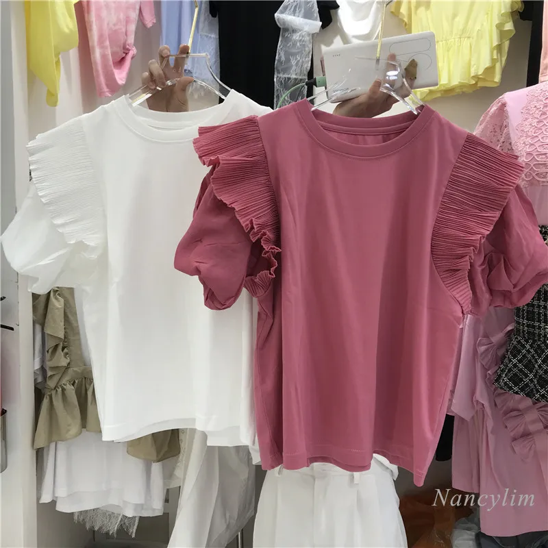

Pleated Short Sleeves T-shirt Women's Clothing 2021 Summer Elegant Patchwork Ruffled Solid Color Tee Tops Nancylim