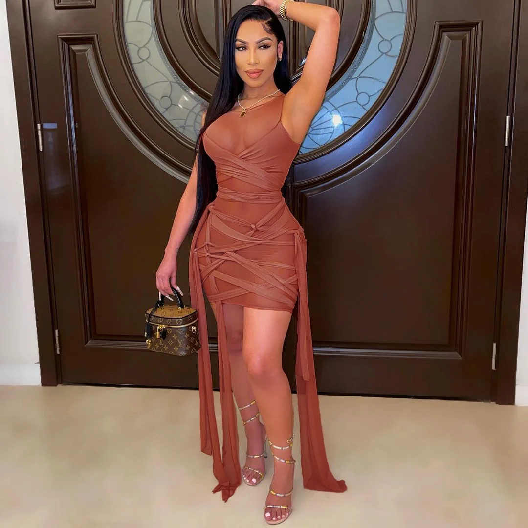 

2021 New Bodycon Midi Dress Sexy Mesh Drawstring Tank Dresses Sleeveless Above Knee See Though Mini Outfits Plus Size Clothing
