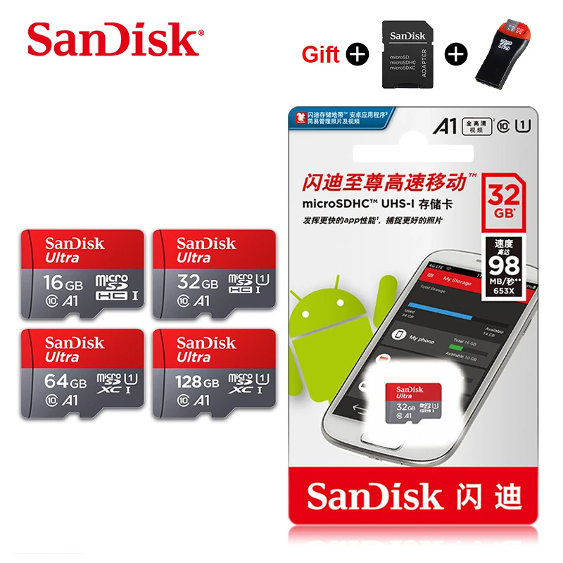 Карта памяти SanDisk, 64 ГБ, 128 ГБ, оригинальная Micro SD карта, 16 ГБ, 32 ГБ, MicroSD, TF карта, флеш-карта памяти с бесплатным адаптером
