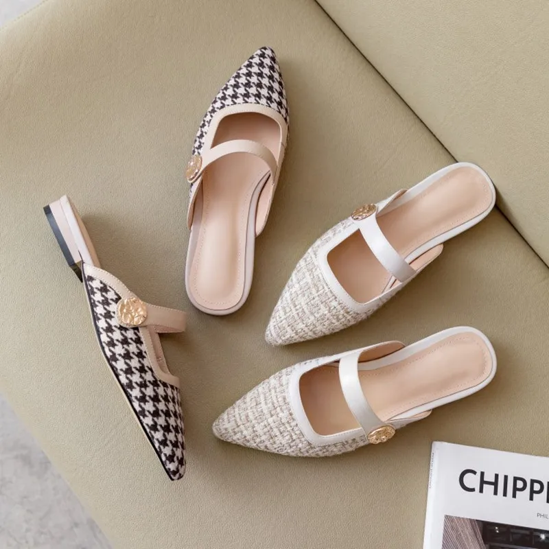 

Ochanmeb Stylish Hot Sale Women Plaid Tweed Mules Brand Designer Shoes Woman Natural Leather Houndstooth Slip ons Casual Flats
