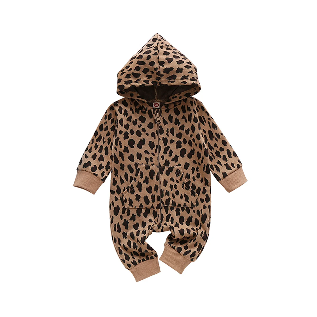 

Осенняя одежда для новорожденных девочек и мальчиков, комбинезон на молнии с длинным рукавом и капюшоном с леопардовым принтом, комбинезон с карманами для детей 0-24 месяцев