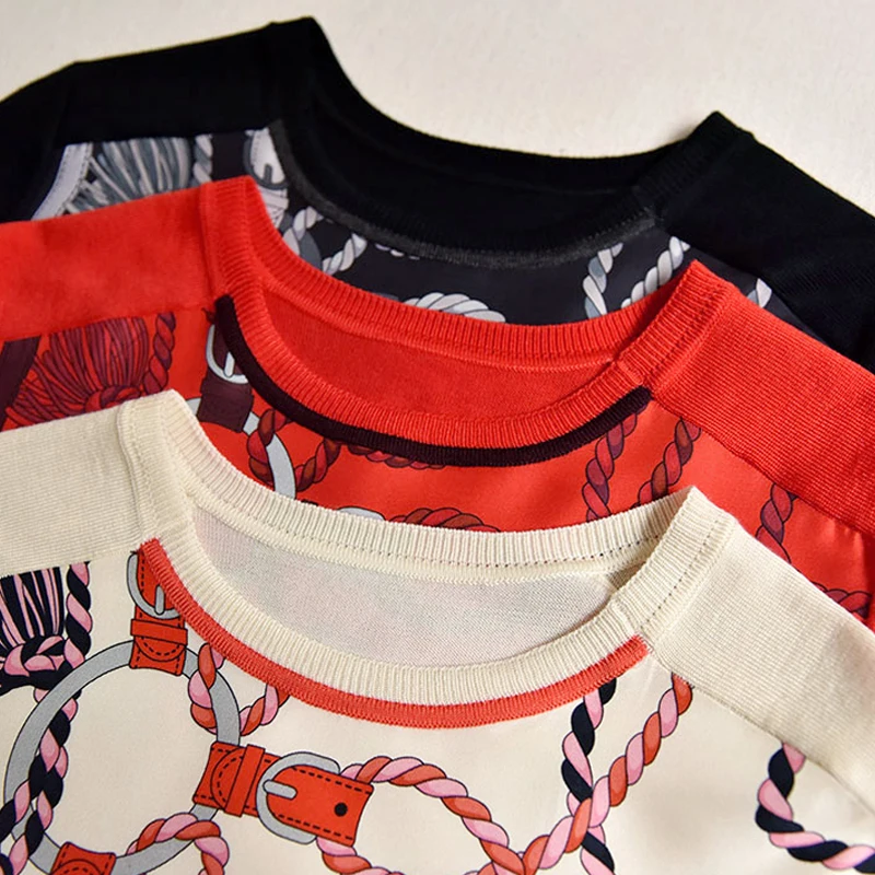 

VERDEJULIAY Vintage Women Summer T-Shirt Runway Fashion Red Black Beige Tees Chian Print Casual Party Holiday Knitted T-Shirts