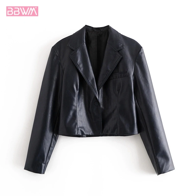

Women's Fashion PU Lapel Long Sleeve Black Artificial Leather Short Jacket Female Locomotive Outerwear Retro Chic Tops
