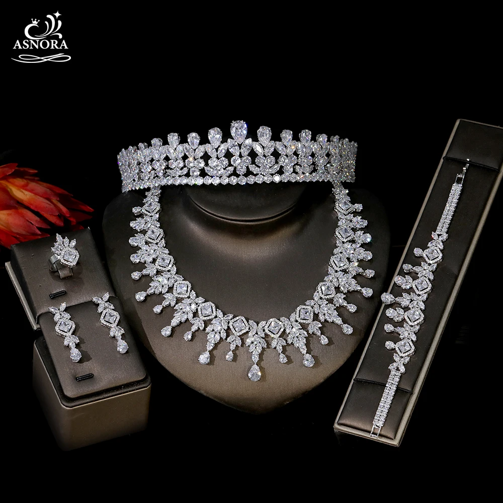

ASNORA Women's Party Luxury Dubai Nigeria CZ Crystal Wedding Jewelry Set Bridal Crown Tiara Necklace Set T0991