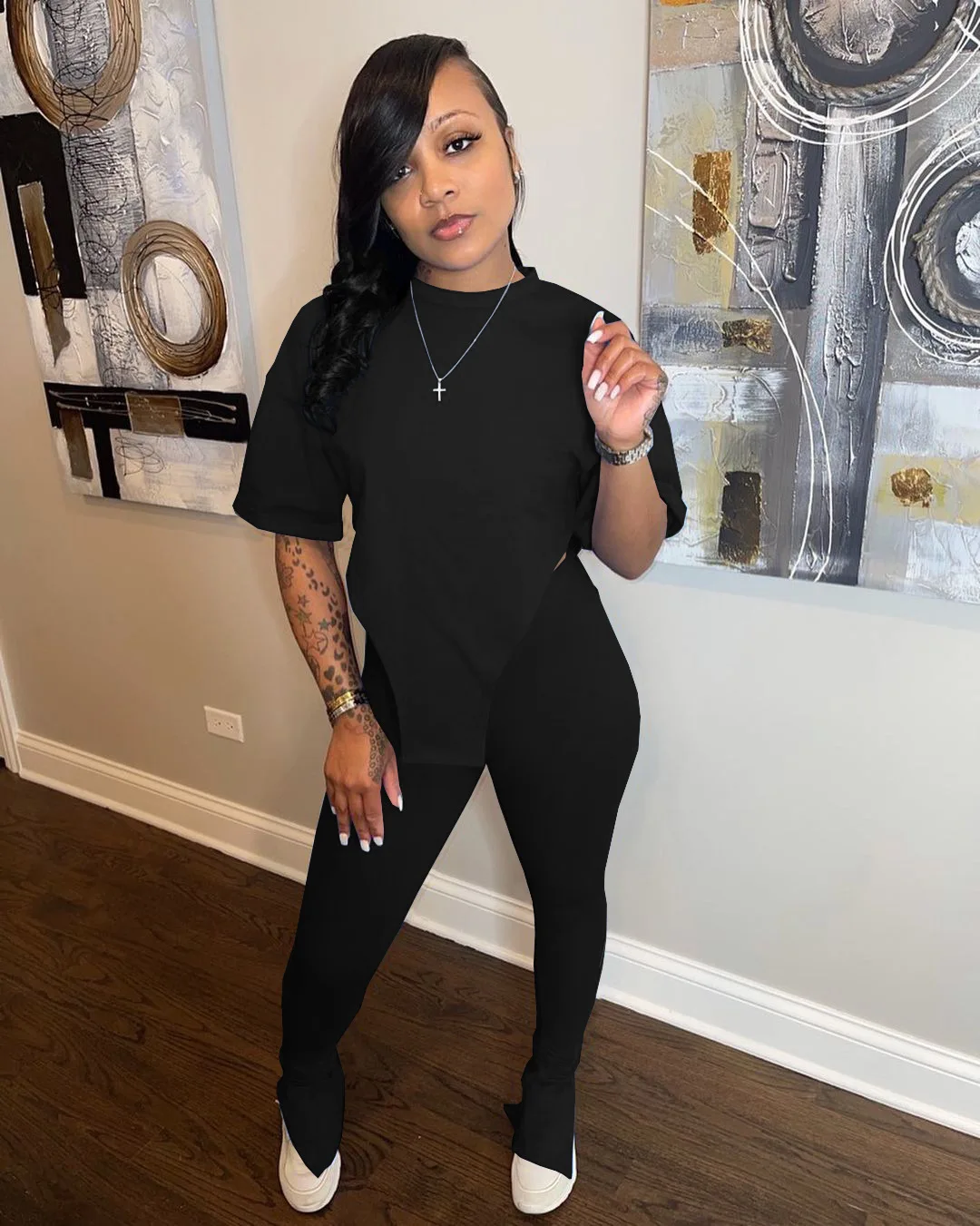 

Solid T-Shirt Suit Short Tops and Pants Two-Piece Set Trousers Ladies Split Irregular Summer 2021 Leisure Women Tee O-Neck