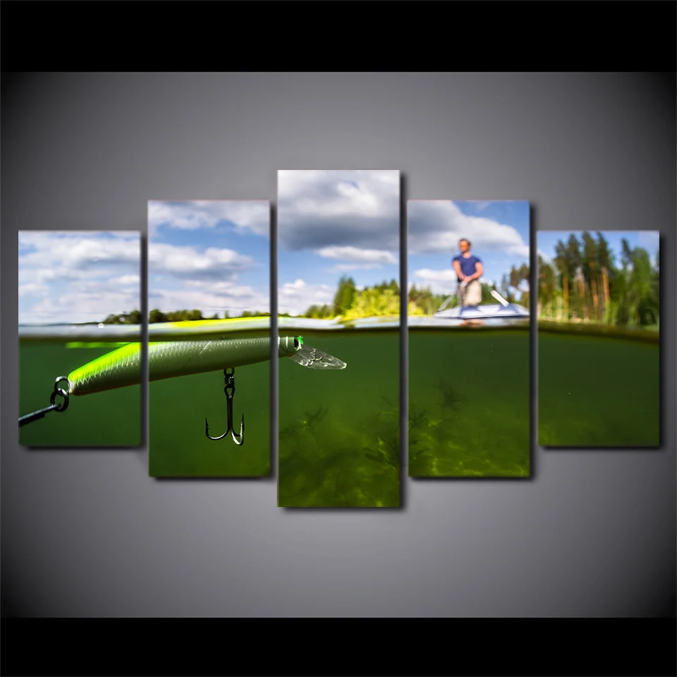 

Canvas Painting Printed Modular Frame Picture Large 5 Panel Green Lake Fishing For Bedroom Living Room Home Wall Art Decor