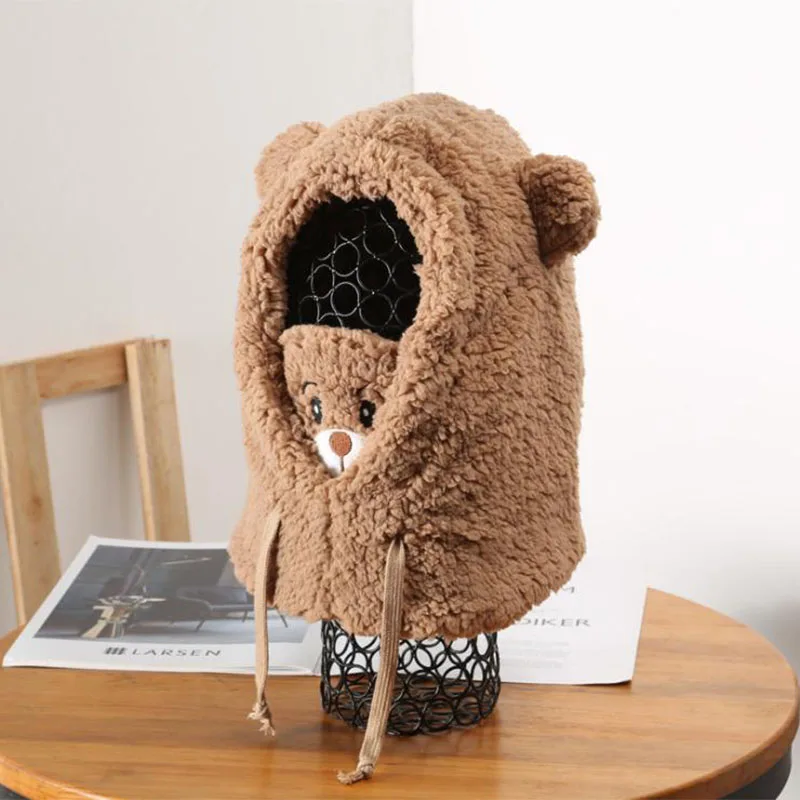 

Women Cady Bear Skullies Beanies Hats with Scarf Lamb Woolen Hat Outdoor Cold-proof Ear Keep Warm Hairy Cap Girl Travel TL102601