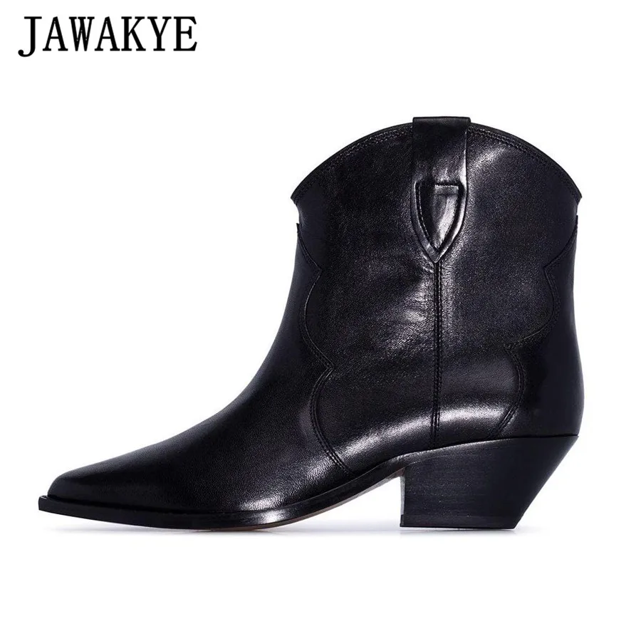 JAWAKYE/высококачественные однотонные короткие ковбойские кожаные ботинки на не сужающемся книзу массивном каблуке; женские ботинки «Челси» без застежки на плоской подошве; женские замшевые ботильоны из натуральной кожи; botas mujer