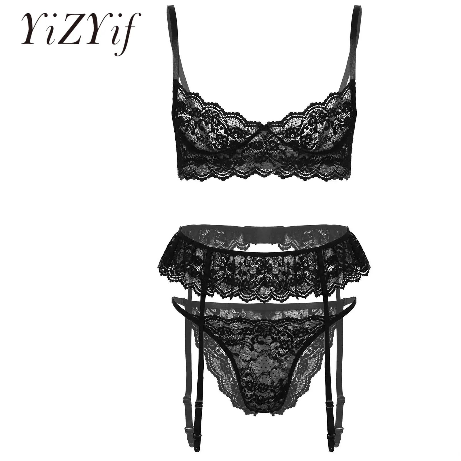 

Mens Sissy Crossdressing Lingerie Set See-through Sexy Nightwear Unlined Hot Bra with Thongs Garter Belt Sissy Sexy Erotic Suit