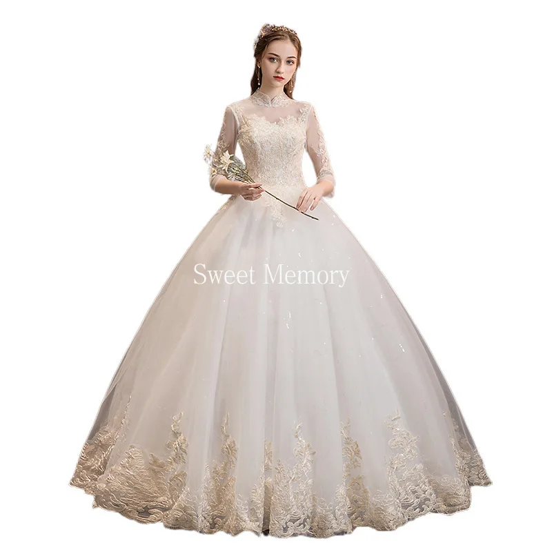 

Women High Neck Collar Long Sleeve Vintage Wedding Dress 2021 Princess Appliques Lace Up Backless Wedding Dresses Sweet Memory