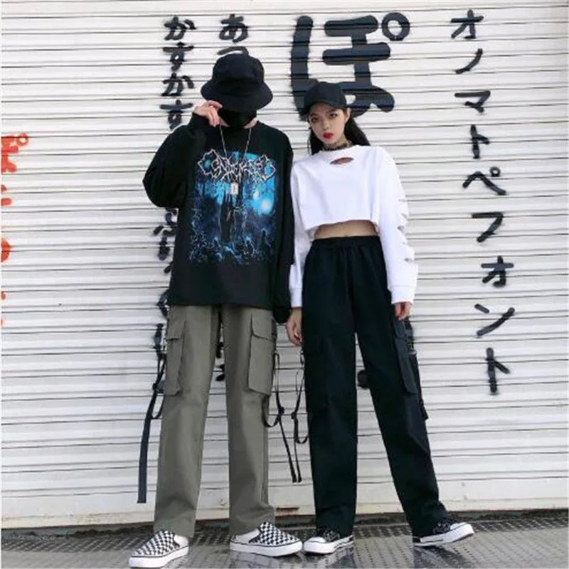 

Женские спортивные брюки с эластичным поясом, брюки-джоггеры в стиле панк с карманами, повседневные брюки с широкими штанинами в стиле хип-х...