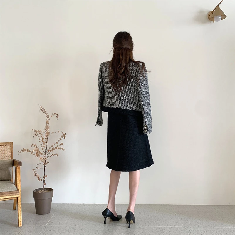

Tweed Jacket For Women Pocket Button Long Sleeve Solid Black White Single-breasted O Neck Chic Elegant Autumn Spring