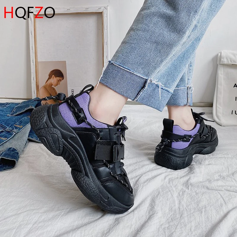 

HQFZO High Quality Women Sneakers Casual Walking Running Platform Fashion Breathable Mesh Autumn Vulcanized Shoes Black