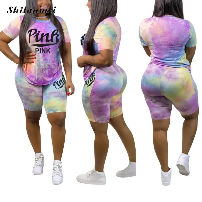 

New 2022 PINK Letter Print Two Piece Sets Women Tracksuit Female Outfits Tie Dye Short Sleeve Top And Shorts Matching Sets 3XL