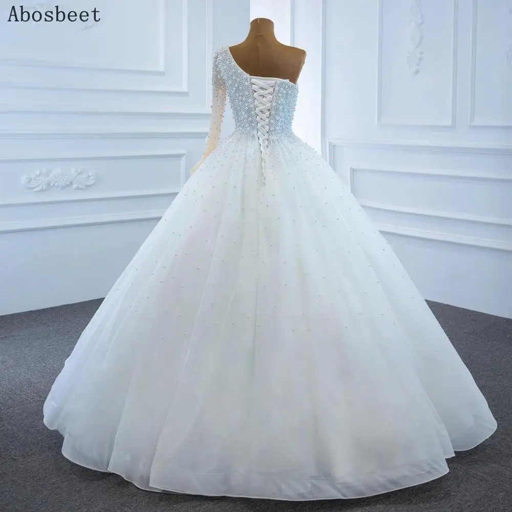 DD JYOY Heavy Pearl Beading One Shoulder Ball Gown Wedding Dress 2020 Fashion Wedding Gown White Floor Lenght Lace Up Back