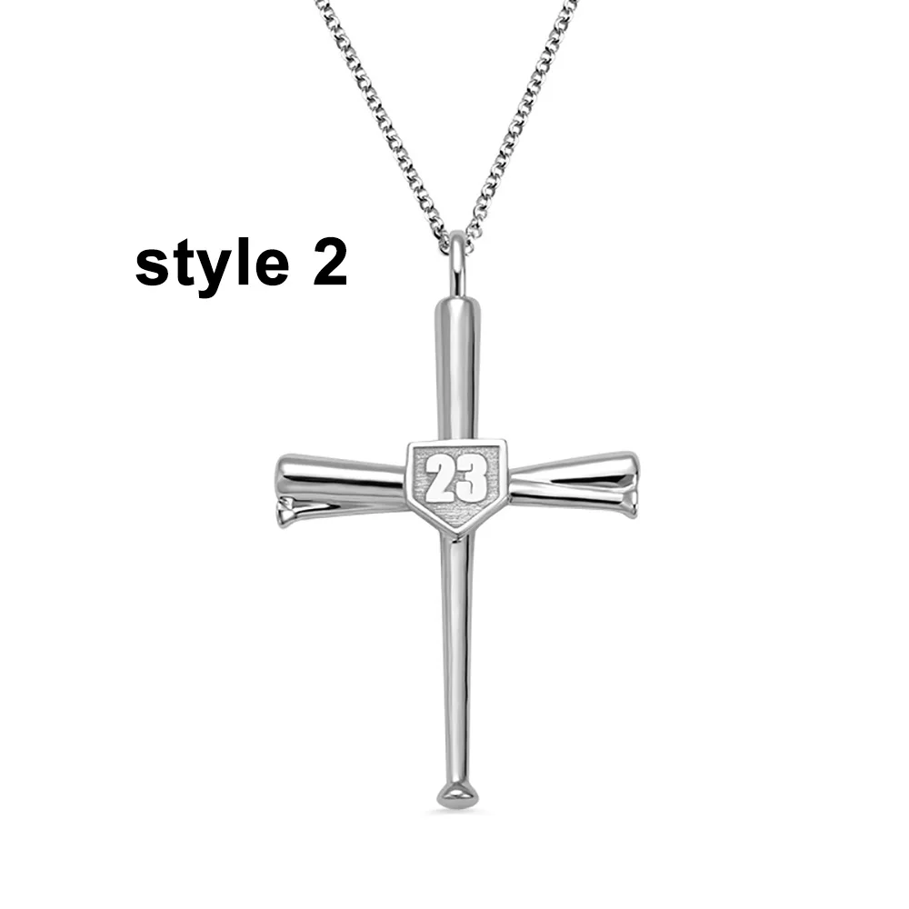 Style 2 in Silver Sweey Прямая поставка Персонализированные Гравированные бейсбольный крест ожерелье с первоначальным номером настроить христианский вера крест ожерелье - Окраска металла: Style 2 in Silver