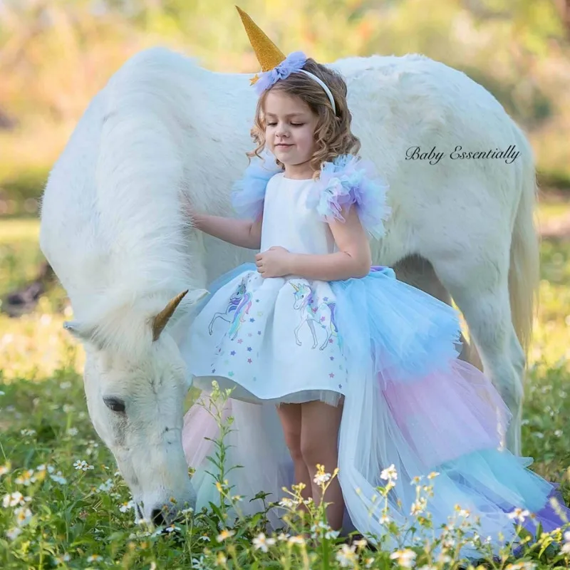 newChristmas Fluffy Girl Princess Unicorn Dress Gorgeous Backless Long Tail Wedding Kids Halloween Cosplay Costume | Детская одежда и