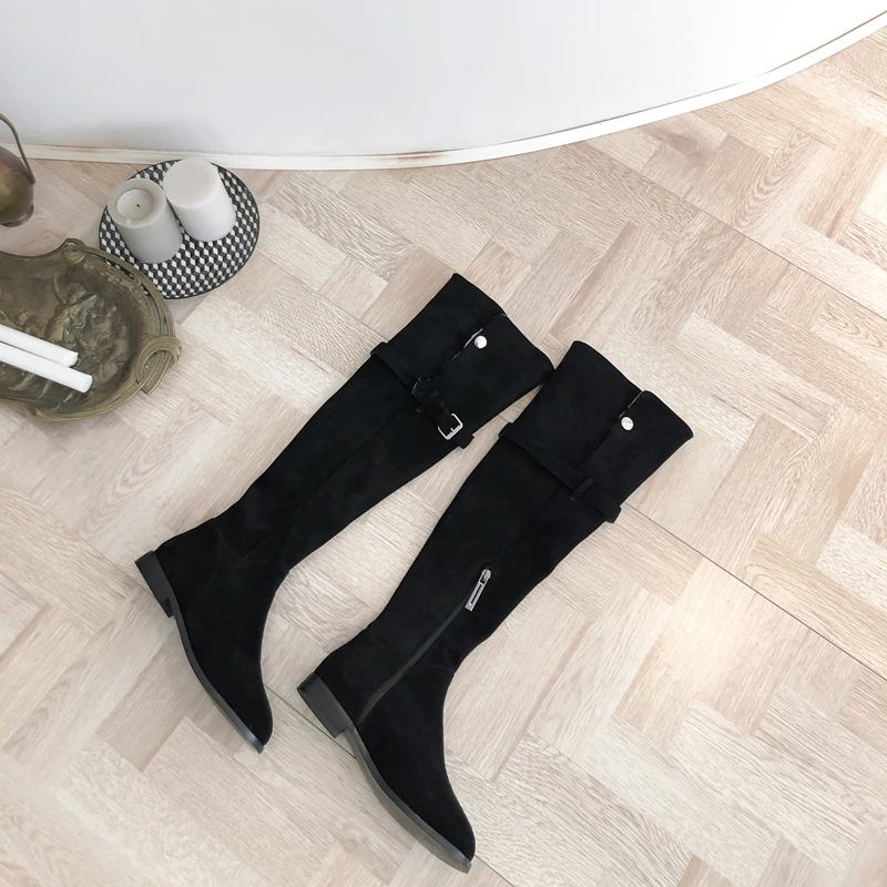

Women's genuine suede leather flats over the knee boots warm plush winter long boots metal buckle thigh high boots shoes women