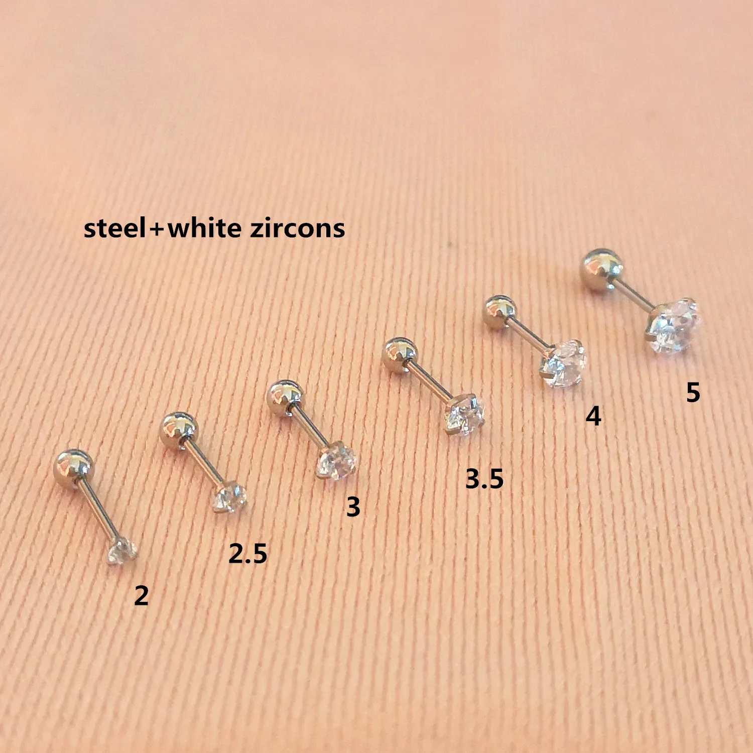 

1 Pc Stainless Steel White Zircons Screw-back Stud Earrings Slim Ear Needle 0.8*6MM 6 Size For Choose No Fade Allergy Free