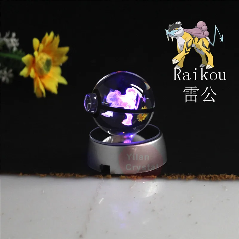 

Anime Pokemon Character Pocket Monster Engraving Raikou Model Toy Crystal Poke Ball with LED Light