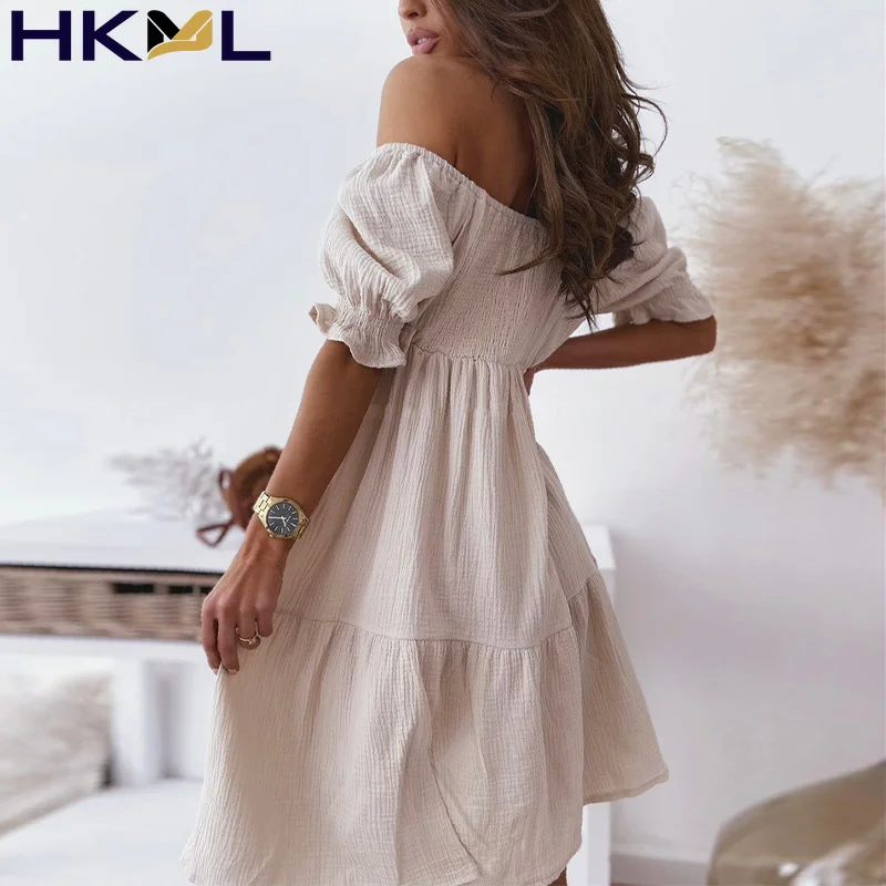 

Summer Women's Dress Off Shoulder Backless Chic Puff Sleeve Patchwork Solid Casual Loose Beach 2021