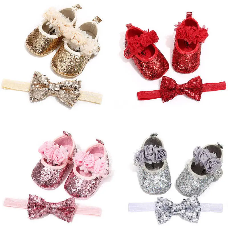 

Bowknot Sequins Baby Girls Shoes Infant Newborn Princess Shoes First Walkers + Hairband Baby Girl Birthday Party Shoes