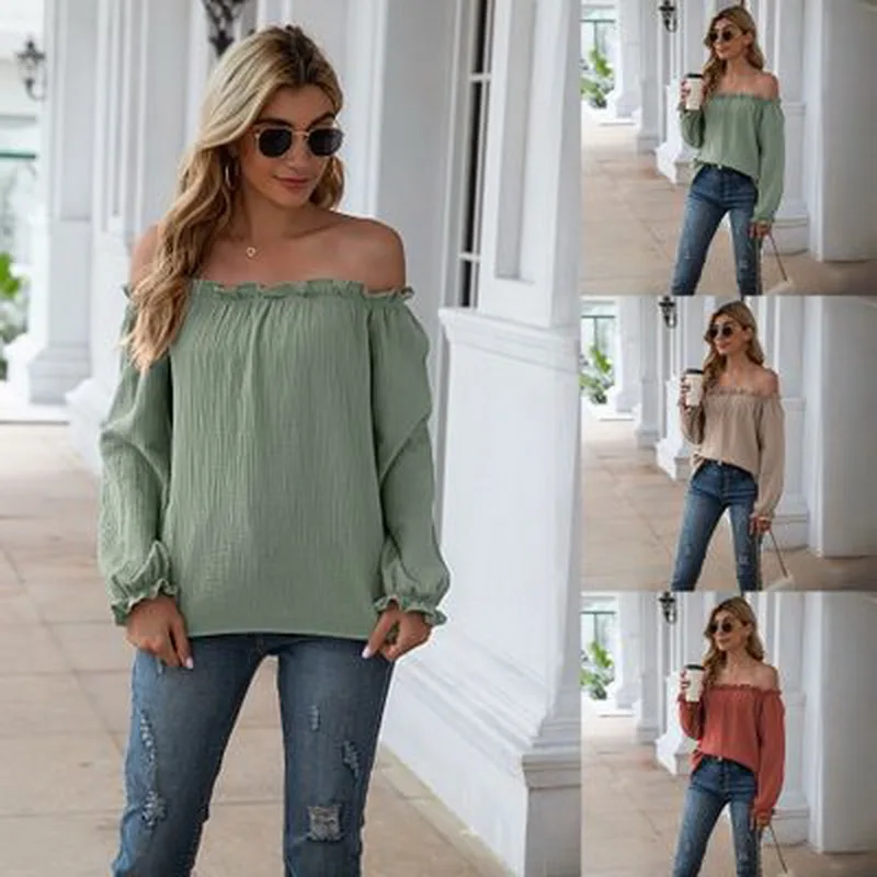 

2020 women's spring and summer new women's shirt shoulder sexy long sleeve solid color casual fashion shirt