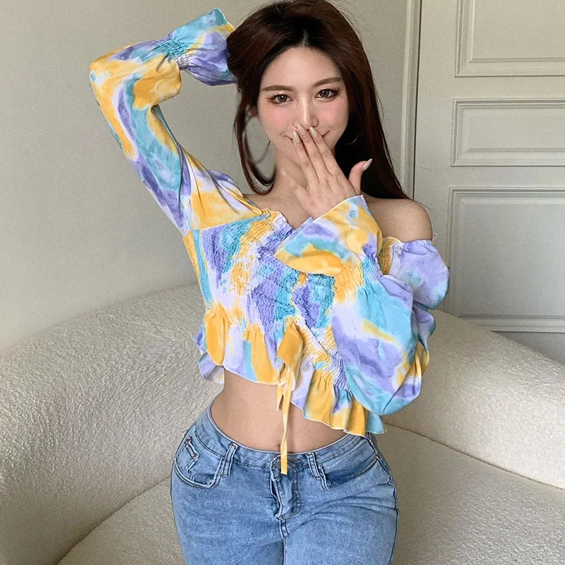 

Women's Slash Neck Tie-Dyed Blouse Summer Sexy Sweet Long Sleeves Chiffon Shirt Tops 2021 '