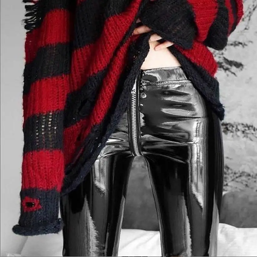 Сексуальные блестящие кожаные леггинсы с молнией сзади штаны из искусственной