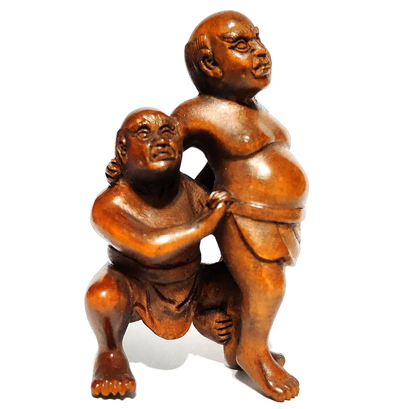 

Y7143 - 2 "хорошее качество ручной работы японский Самшит Netsuke : 2 рестлеры мужские фигурки