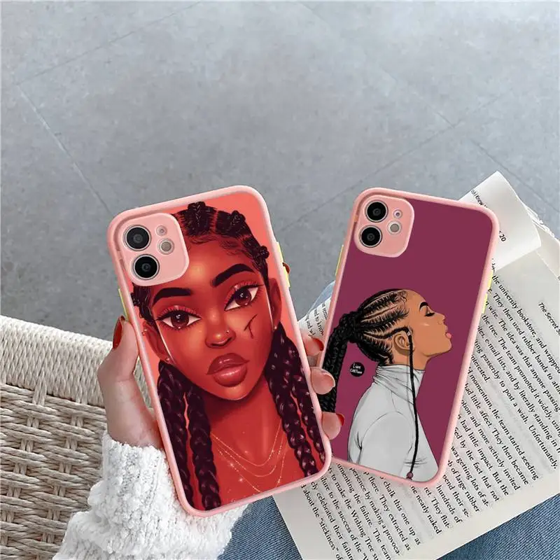 

Black girl Phone Case For iPhone 12 11 Mini Pro XR XS Max 7 8 Plus X Matte transparent Pink Back Cover