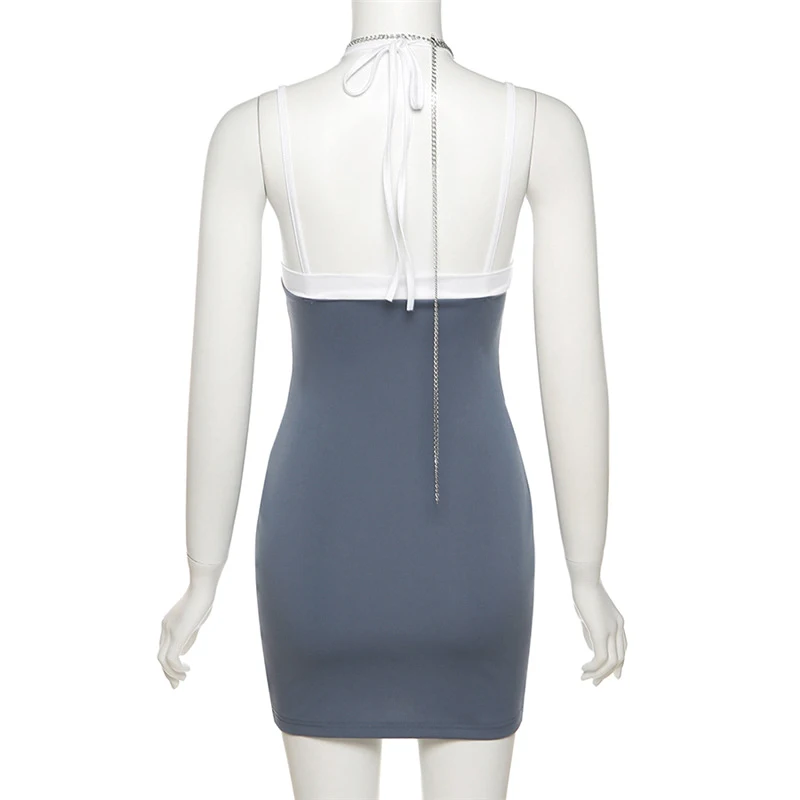 

Uclio New Women's Solid Color Halter Slim Wrapped Arm Sling Sling Dress Foggy Blue